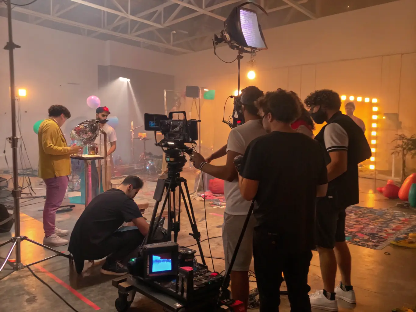 A retro-styled Miami-themed video shoot setup with vibrant lighting and dynamic visuals, showcasing Triplus Media's media production capabilities.
